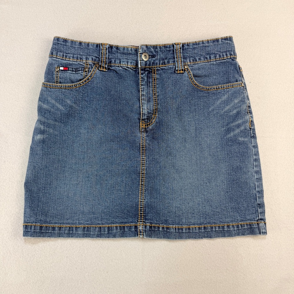 Tommy Hilfiger Blue Denim Mini Skirt Size 8 Embroidered Logo Medium Wash Y2K